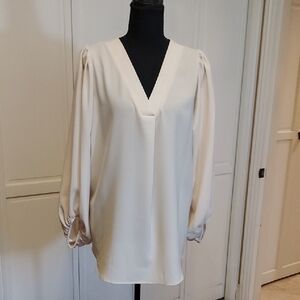 Cream Ivory Beige V Neck Long Sleeve Blouse Tunic Size M